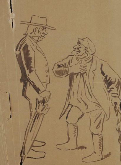 Alphonse LEVY (1843-1918) 
Conversation satyrique
Dessin à l’encre sur papier calque.
Déchirures...
