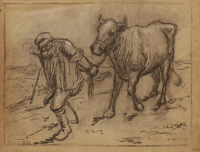Alphonse LEVY (1843-1918) 
Le marchand de bestiaux et sa vache.
Dessin au fusain...