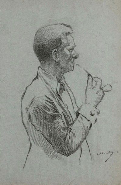 Alphonse LEVY (1843-1918) 
Portrait d’homme à la pipe
Dessin au fusain sur papier...