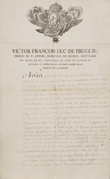 [Manuscrit] Victor François duc de Broglie (1718-1804), Prince du St. Empire, maréchal...