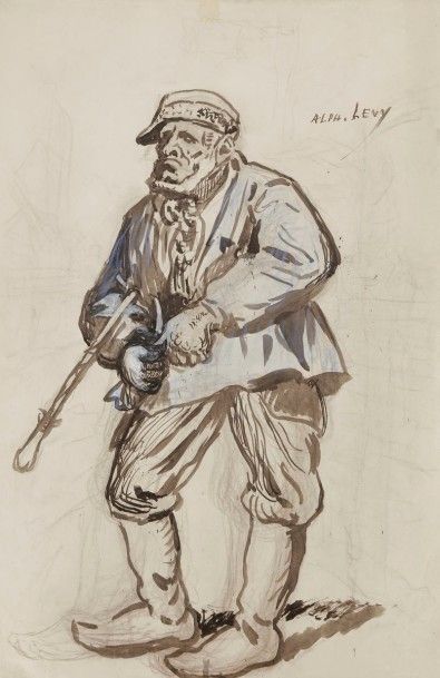 Alphonse LEVY (1843-1918) 
Marchand de bestiaux à la veste bleue
Dessin à l’encre,...