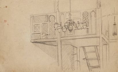 Alphonse LEVY (1843-1918) 
à la synagogue
Dessin au crayon noir sur papier collé.
30...