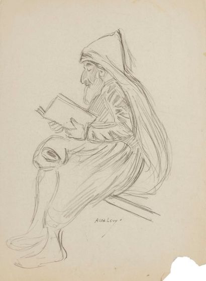 Alphonse LEVY (1843-1918) 
Juif d’Afrique du Nord à la lecture
Dessin au crayon noir.
Signé...