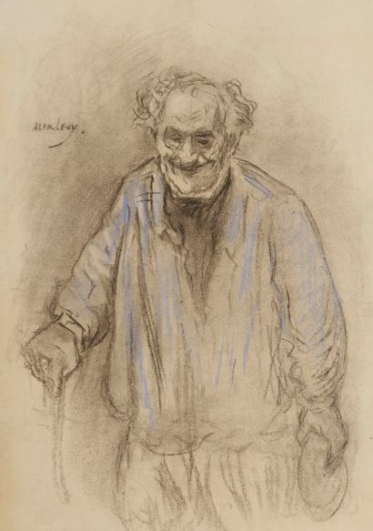 Alphonse LEVY (1843-1918) 
Vieil homme à la canne.
Dessin au fusain et pastel.
Signé...