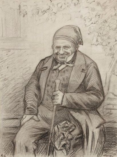 Alphonse LEVY (1843-1918) 
Homme assis à la canne
Dessin au fusain sur papier contrecollé.
Monogrammé...