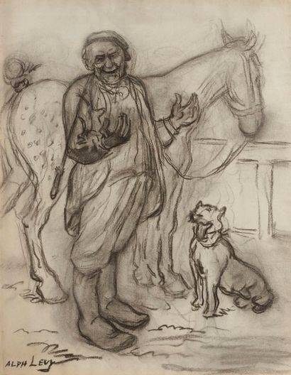Alphonse LEVY (1843-1918) 
Marchand de chevaux et son chien
Dessin au fusain.
Signé...