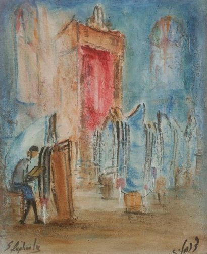 Zvi RAPHAELI (c 1920/24-2005) Intérieur de synagogue
Huile sur toile contrecollée...