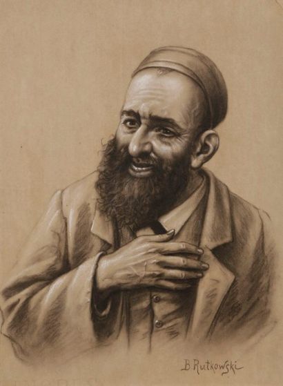 B. RUTKOWSKI (XXe siècle) Portrait d’homme juif 
Fusain sur carton. 
41 x 30 cm Mots...