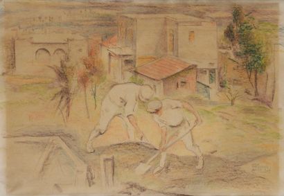 Wilhelm WACHTEL (1875-1942) Paysans à Haïfa 
Crayon et pastel sur papier. 
Signé...