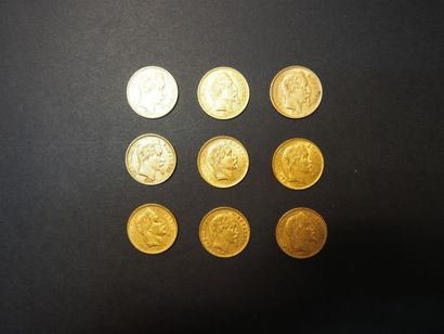 null 9 Pièces de 20 Francs en or type Napoléon III tête laurée (1861-1869).
FRAIS...
