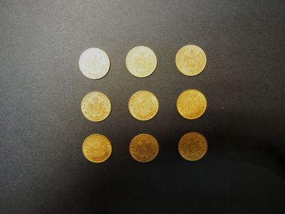 null 9 Pièces de 20 Francs en or type Napoléon III tête laurée (1861-1869).
FRAIS...