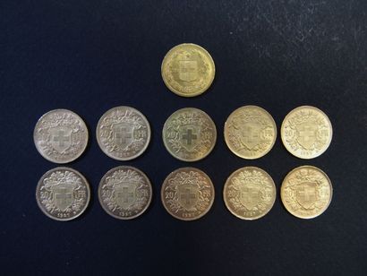 null 11 Pièces de 20 Francs Suisse en or:
10 de type Helevetia (1901, 1908, 1911,...