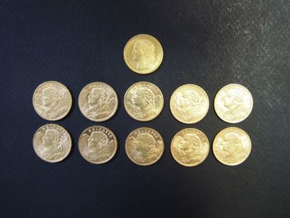 null 11 Pièces de 20 Francs Suisse en or:
10 de type Helevetia (1901, 1908, 1911,...