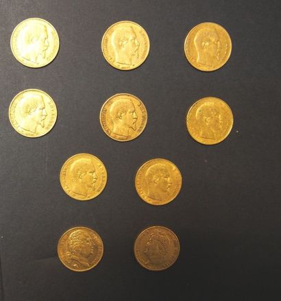 null 10 Pièces 20 Francs en or dont 8 de type Napoléon III tête nue (1852-1860),...