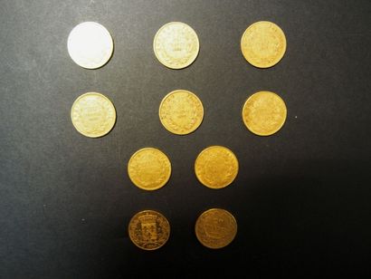 null 10 Pièces 20 Francs en or dont 8 de type Napoléon III tête nue (1852-1860),...