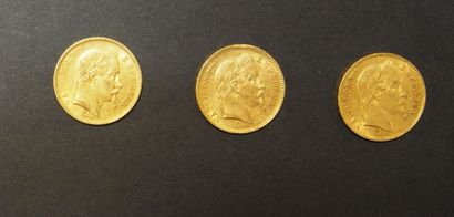 null 3 Pièces de 20 Francs en or type Napoléon III tête laurée (1863, 1865 et 1869).
FRAIS...