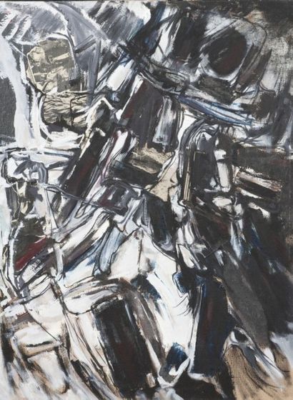 Pierre JOURDA (1931-2007) 
Composition en noir et blanc, 1964
Huile sur toile.
Porte...