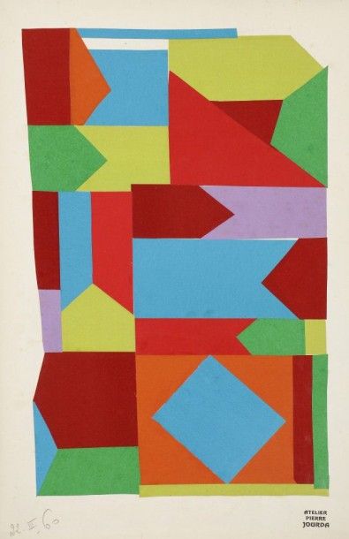 Pierre JOURDA (1931-2007) 
Composition, 1960
Collage.
Daté.
Porte le cachet de l'atelier.
55...