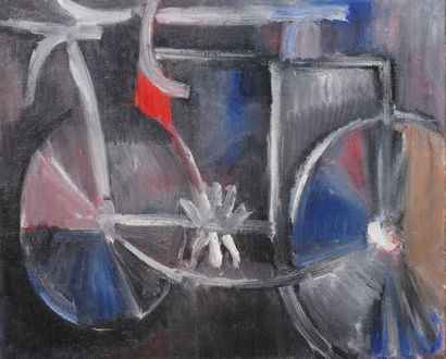 Pierre JOURDA (1931-2007) 
La Bicyclette, 1959
Huile sur toile.
Datée au dos.
Porte...