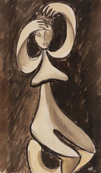 Willy ANTHOONS [belge] (1911-1983) 
Femme les bras levé, 1947
Encre et aquarelle.
Monogrammée...