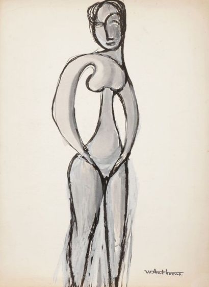 Willy ANTHOONS [belge] (1911-1983) 
Femme debout, vers 1947
Encre et gouache.
Porte...