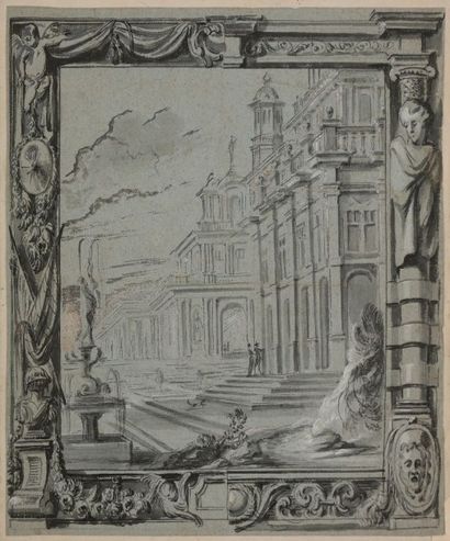 École FLAMANDE vers 1700 
Projet de décor architectural
Plume et encre noire, lavis...