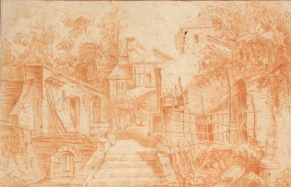 Attribué à Adrien Frantz BOUDEWYNS (Bruxelles 1644-1711) 
Maisons enchevêtrées
Sanguine.
(Pliures...