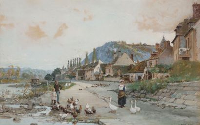 Luigi LOIR (1845-1916) 
Normandie, village animé en bord de rivière
Gouache et encre.
Signé...