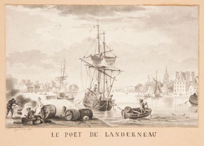 Atelier de Nicolas-Marie OZANNE 
Vue du port de Landerneau
Plume et encre noire,...