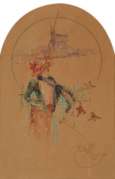 David DELLEPIANE (1866-1932) 
Montmartre, élégante aux oiseaux et Moulin de la Galette
Aquarelle.
Signée...