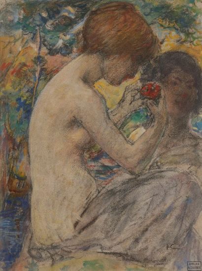 Henri CHARRIER (1859-1950) 
Femmes à la rose
Gouache sur traits de crayons.
Monogrammée...
