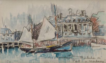 Paul SIGNAC (1863-1935) 
Cherbourg, chalutier au port
Aquarelle et crayon noir.
Monogrammé...