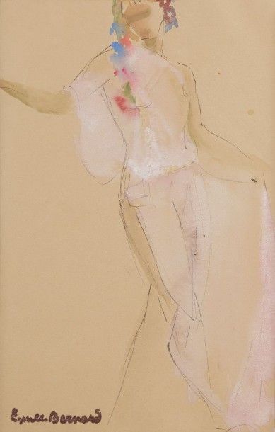 Emile BERNARD (1868-1941) 
Femme debout
Dessin à l’encre et aquarelle.
Porte le timbre...