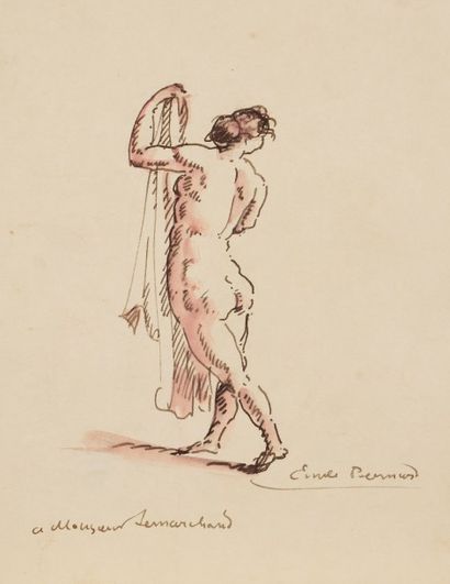 Emile BERNARD (1868-1941) 
Femme nue de dos
Dessin à l’encre et aquarelle.
Signé...