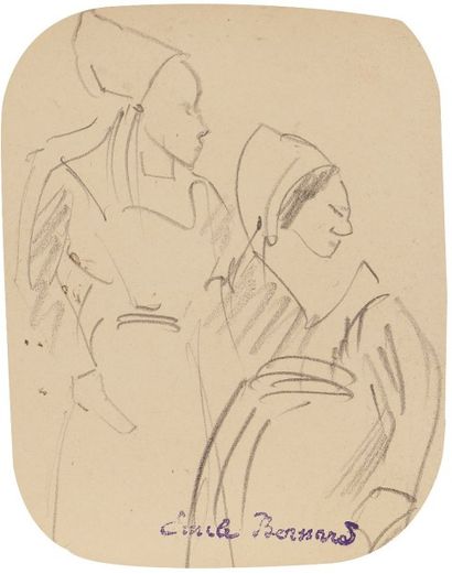 Emile BERNARD (1868-1941) 
Deux jeunes Bretonnes
Dessin au crayon noir.
Porte le...