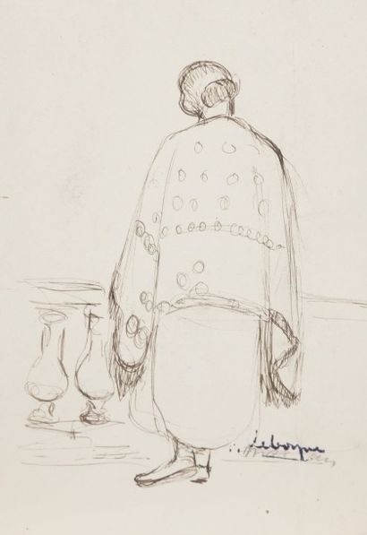 Henri LEBASQUE (1865-1937) 
Femme au châle de dos
Dessin à l’encre.
Porte le timbre...