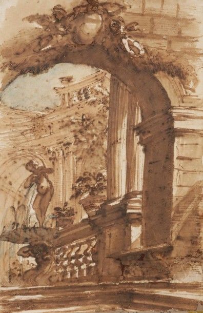 Attribué à Jean Nicolas SERVANDONI (Florence 1695 - Paris 1766) 
Vue d’un palais...
