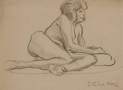 Emile-Othon FRIESZ (1879-1949) 
Nu alangui
Dessin au crayon et estompe.
Signé en...