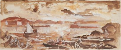 Charles DUFRESNE (1876-1938) 
Scène de port
Gouache et mine de plomb sur papier quadrillé.
Signé...