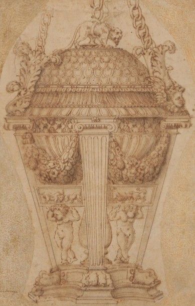 ÉCOLE ITALIENNE du XVIe siècle, école de PERUZZI 
Projet d’urne
Plume et encre brune,...