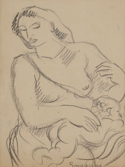 Jean SOUVERBIE (1891-1981) 
Maternité
Dessin au crayon.
Signé en bas à droite.
25...