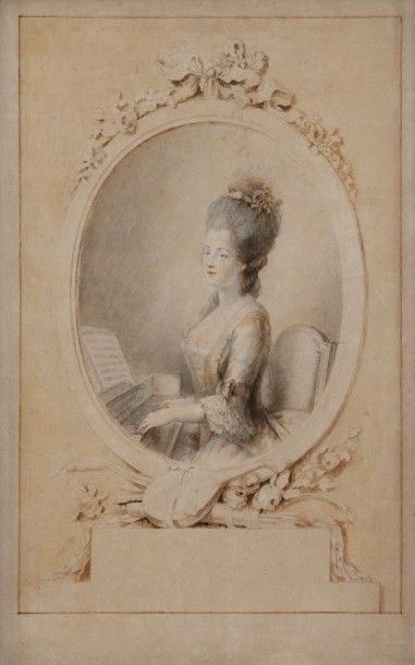 École FRANÇAISE du XVIIIe siècle 
Portrait de femme au clavecin dans un encadrement...