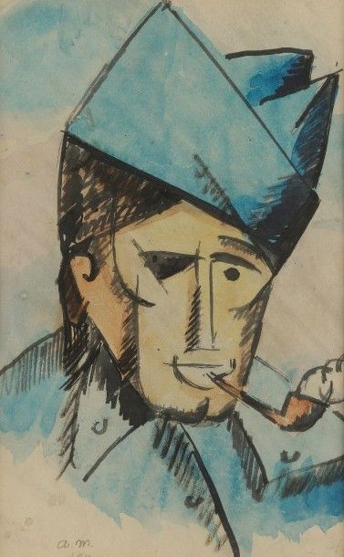 André Mare (1885-1932) 
Portrait de soldat à la pipe, 1914
Aquarelle.
Monogrammée...