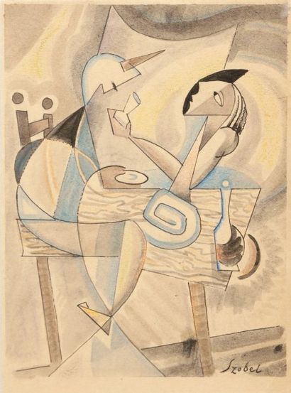 Geza SZOBEL [hongrois] (1905-1963) 
Le Diner
Aquarelle, plume et encre noire et crayons...