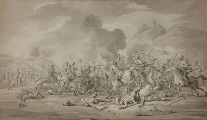 Dirk LANGENDYK (Rotterdam 1748-1805) 
Choc de cavalerie
Lavis gris, plume et encre...