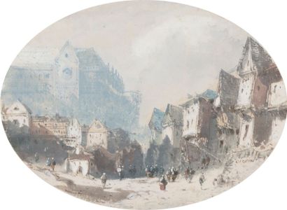 Eugène CICERI (Paris 1813-1890) 
Une vue animée d’une ville et une marine
Gouache.
L’une...