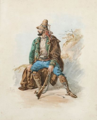 Dominique PAPETY (Marseille 1815-1849) 
Chasseur assis
Aquarelle sur traits de crayon...