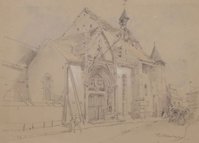 Hubert CLERGET 
Une vue de l’église d’Argenteuil
Crayon noir et crayons de couleurs...