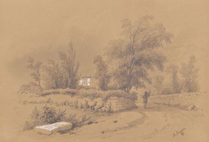 Auguste EMERIC (1822 - ?) 
Promeneur dans un paysage
Crayon noir et estompe, rehauts...