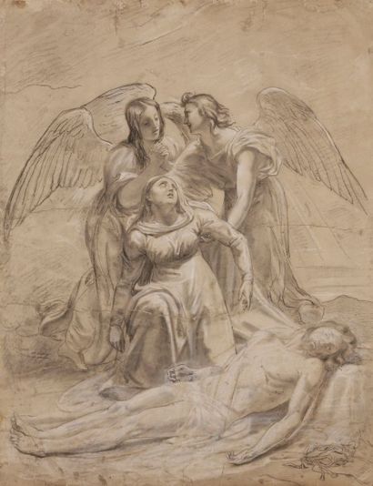 Ecole Francaise vers 1840 
La Vierge soutenue par deux anges devant le Christ mort
Crayon...